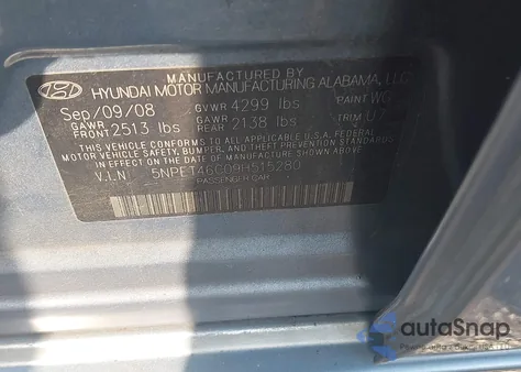 2009 Hyundai Sonata Gls из США, поврежденный, VIN 5NPET46C09H515280